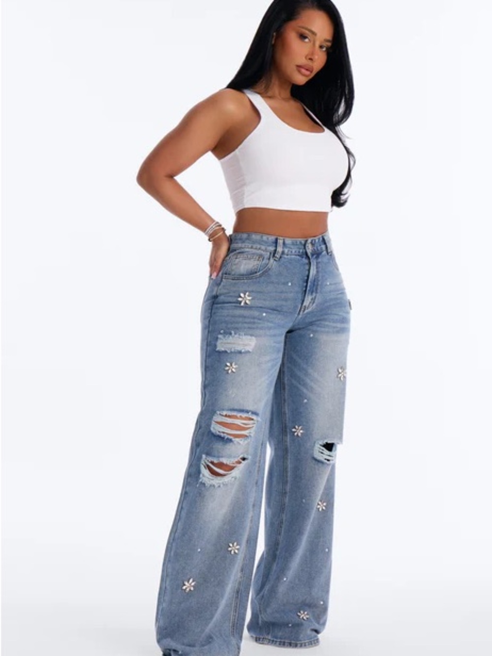 New! Fashion Nova Light Blue Wide Leg Distressed Jeans with Embellishments